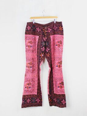 Vintage 90's Pink Embellished Embroidered Cotton Gauze Bootcut Pants, Size L